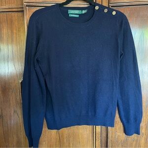 Lauren Ralph Lauren Cashmere Navy Crewneck Sweater with Shoulder Buttons